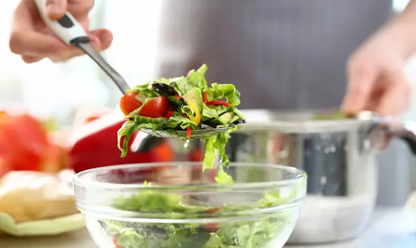 Professional Chef Putting Healthy Vegetable Salad Male Hand Holding Kitchen Stock Picture