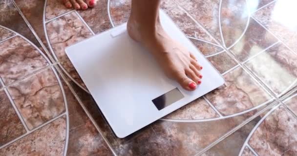Woman Measures Weight Scales Morning Overweight Measurement Body Fat Concept — Vídeo de stock