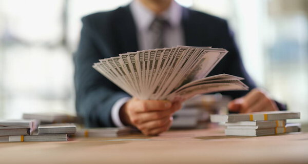 Empresario Banquero Fanático Los Billetes Dólar Primer Plano Grandes Ganancias — Foto de Stock