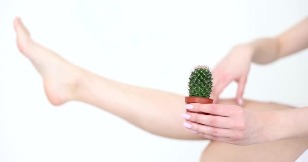 Žena Drží Kaktus Ruce Pozadí Hladké Jemné Kůže Nohou Detailní — Stock video