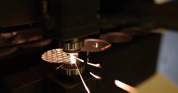 Laser Machine Cutting Metal Bright Sparks Workshop Closeup Movie Slow — Stock Video