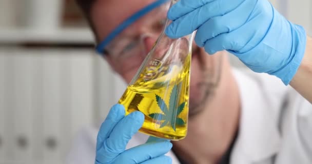 Вчений Рукавичками Тріщить Склянку Олії Марихуани Лабораторії Маріупольська Концепція Хімічних — стокове відео