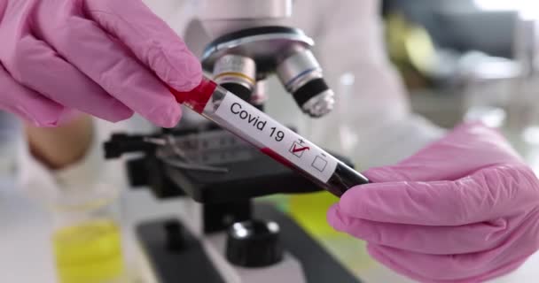 Técnico Laboratório Usando Luvas Médicas Detém Teste Positivo Para Covid — Vídeo de Stock