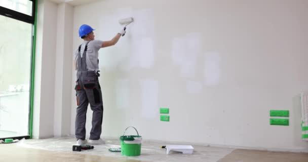 Builder Protective Helmet Uniform Overalls Painting Wall Roller Movie Slow — Stock Video