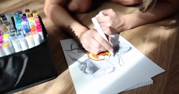 Female Hand Drawing Picture Markers Closeup Movie Slow Motion Hobby — 비디오