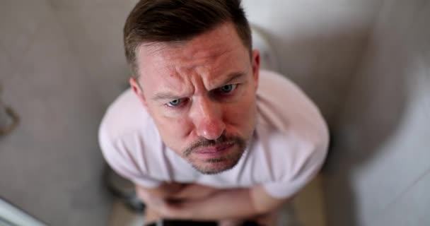Man Pushing Toilet Constipation Hemorrhoids Movie Slow Motion Diarrhea Treatment — Stock Video