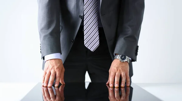 Empty arms of man in suit and tie closeup. White collar banker time watch wristwatch patience make decision strong control head of the board council concept