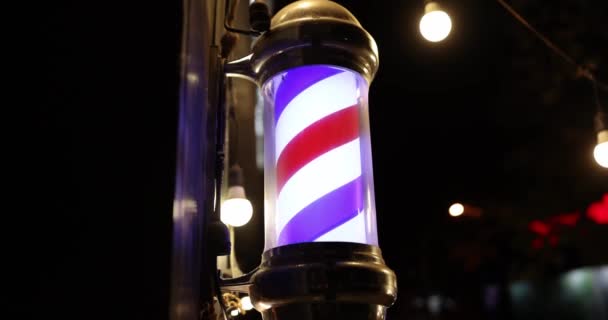 Red Blue White Lantern Hanging Men Barbershop Closeup Movie Slow — Stock Video