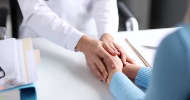 Doctor Holding Patient Hands Soothing Movie Slow Motion Psychological Assistance — Stock Video