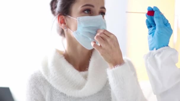 Doctor Laboratory Assistant Protective Suit Takes Swab Nose Sick Patient — Stock Video