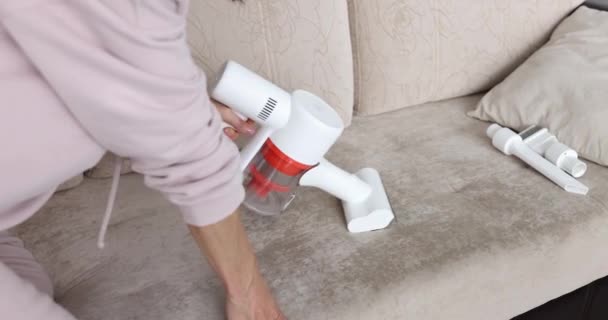 Trabajador Limpieza Seco Elimina Suciedad Del Sofá Interior Concepto Aspiradora — Vídeos de Stock