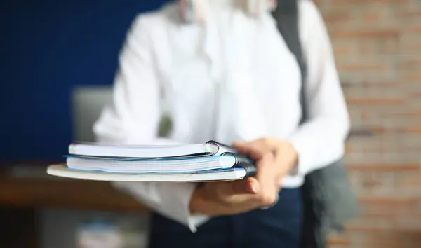 Female Student Holds Folder Notebook Hands Studying Girl Taking Exams Image En Vente
