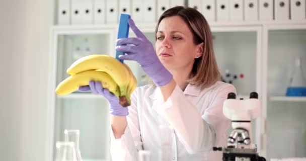 Beslenme Üzerine Çalışan Bilim Adamları Laboratuvarda Muz Testinde Toksin Testleri — Stok video