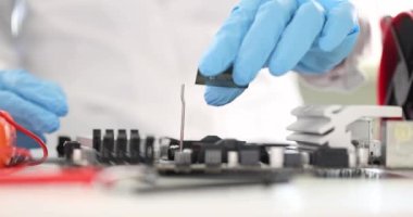 Profesyonel elektronik ve eldivenli donanım mühendisi bilgisayar işlemcisi üzerinde çalışıyor. Mikro devreli soket ana kartına işlemci yerleştiriyor. Mikroçip ya da mikroişlemciyi yükseltmek için işlemci