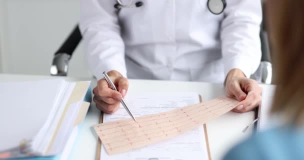 Kardiyolog Hastanın Elektrokardiyogramını Inceliyor Kardiyovasküler Hastalıkların Teşhisi Tedavisi — Stok video