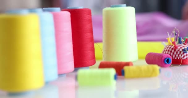 Colored Spools Thread Table Close Beautiful Sewing Accessories Workplace Tailor — Stock Video