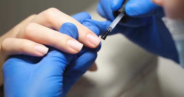Manicurist Applies Clear Polish Womans Nails Close Professional Beauty Treatments — Stock Video