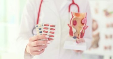 The doctor holds pills and anatomical model of the anus. Hemorrhoid treatment, conceptual medicine
