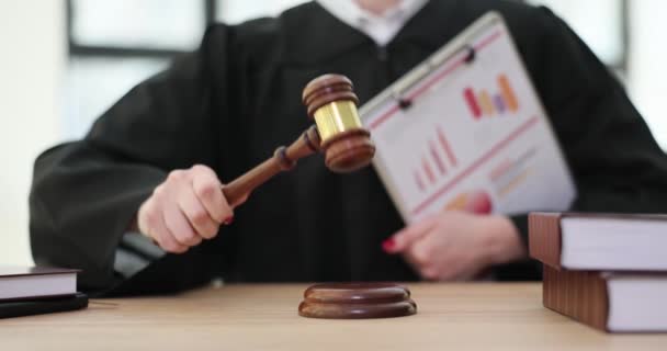 Juez Tiene Una Carpeta Con Informes Negocios Golpea Martillo Primer — Vídeos de Stock