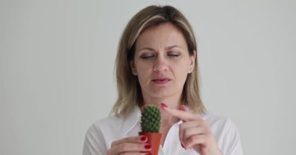 Una Joven Toca Cactus Primer Plano Dolor Picos Plantas Lentitud — Vídeos de Stock