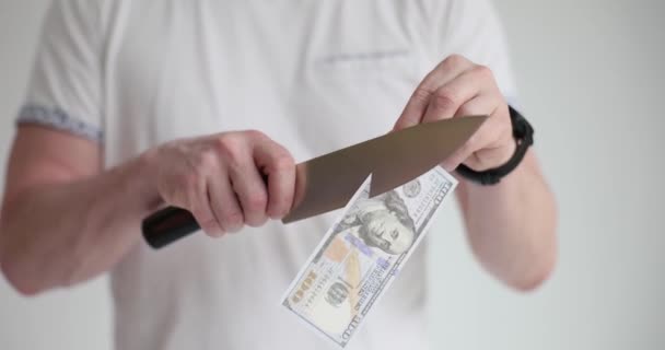 一个人用一把锋利的刀切100美元的钞票 资金概念损失 金融危机 — 图库视频影像