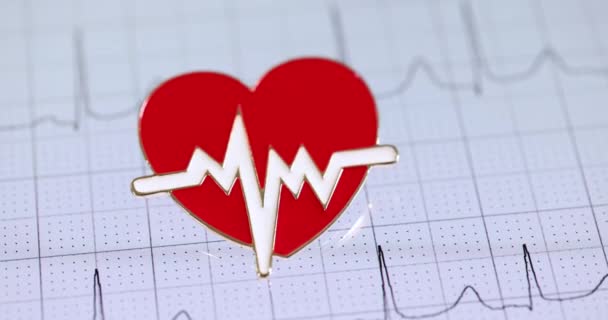 Icône Rouge Forme Coeur Couchée Sur Papier Avec Électrocardiogramme Gros — Video