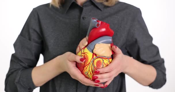 Vrouwenhand Houdt Model Van Het Menselijk Hart Het Lichaam Diagnostiek — Stockvideo