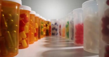 İlaç endüstrisi ve kavanozlarda farklı haplar. Küresel ilaç endüstrisinin genel değerlendirmesi