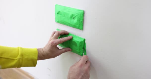 Interruptores Tomadas São Cobertos Com Fita Adesiva Verde Proteção Tomadas — Vídeo de Stock