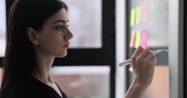 迷人的商界女性会在办公室贴上贴纸 并在玻璃上写字 记录创意及规划工作天 — 图库视频影像