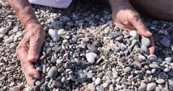 海滩上拿着石头的老妇人的手 退休后的旅行和海上旅行概念 — 图库视频影像