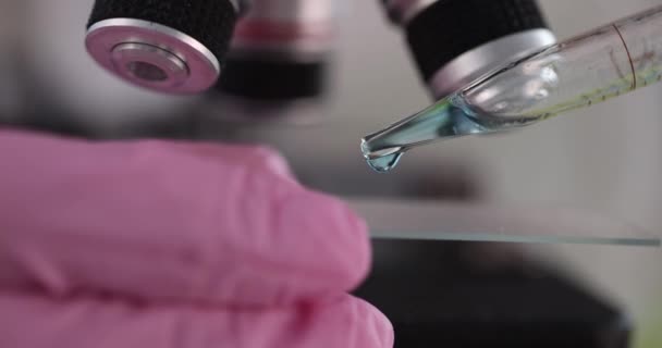Vědec Dávkování Modrá Kapka Pipetou Pro Detailní Vyšetření Pod Mikroskopem — Stock video