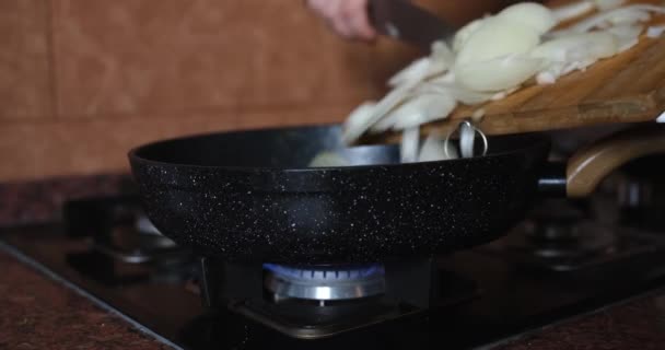 Cocine Vierte Las Cebollas Picadas Sartén Estufa Freír Correctamente Las — Vídeos de Stock