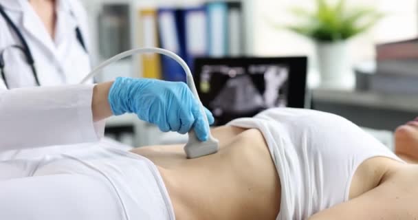 Woman Ultrasound Diagnosis Intestines Uterus Ultrasound Abdominal Organs Concept — Stock Video