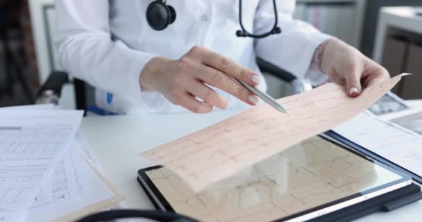 Lekarz Trzyma Tabletkę Kardiogramem Serca Klinice Badanie Koncepcji Układu Sercowo — Wideo stockowe