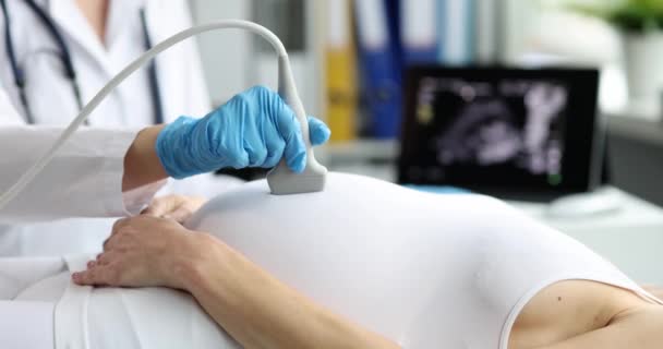 Urządzenie Prześwietlania Ultradźwięków Rękach Profesjonalnego Lekarza Badającego Brzuch Ciężarnej Kobiety — Wideo stockowe