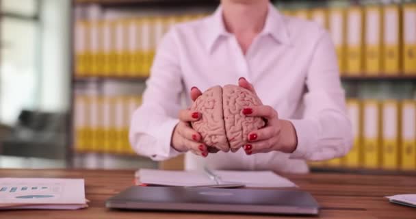 Woman Puts Laptop Anatomy Brain Artificial Intelligence Development Future Technologies — Stock Video