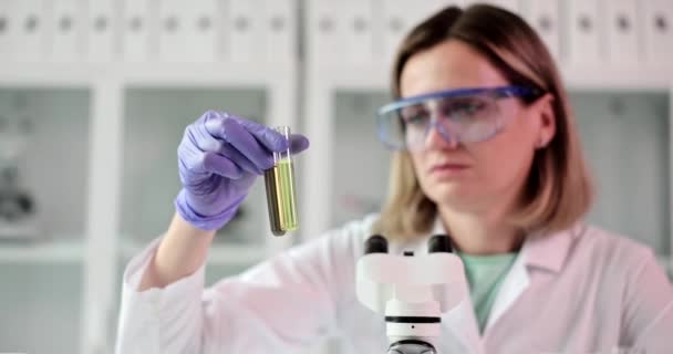 化学者は試験管内の2つの化学液体の色を比較する 酸及び石油製品の実験 — ストック動画