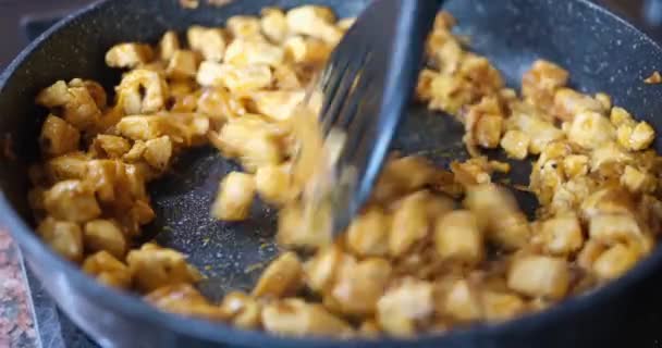 Freír Los Chicharrones Carne Sartén Cerca Trozos Filete Pollo Concepto — Vídeos de Stock