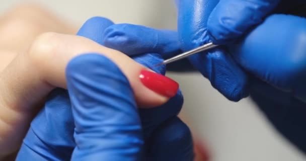 Manicurist Paints Client Nails Bright Red Polish Salon Closeup Nail — Stock Video