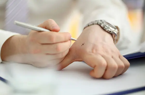 Male make x cross note with silver pen at his arm for keep in mind in office closeup. Try not to forget to do list concept