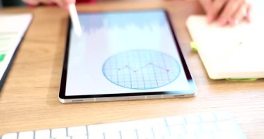 Research analysis idea of sales growth strategy. Marketer studying analytics of commercial indicators on tablet