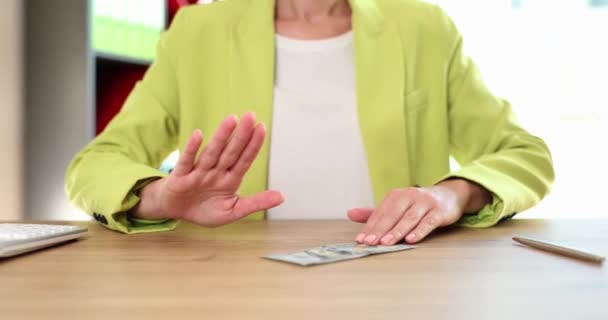 Businesswoman Hand Gesture Refusing Money Office Liability Bribery Corruption — Stock Video