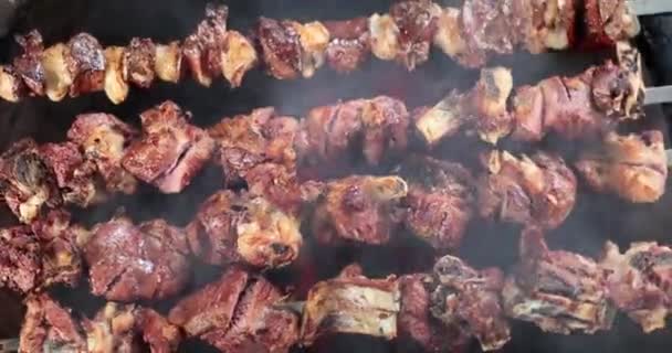 Lamb Meat Cooked Hot Grill Barbecue Grilled Lamb Ribs Barbecue — Αρχείο Βίντεο