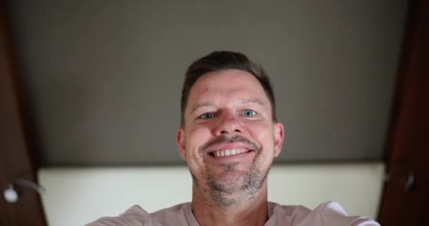 Smiling Handsome Man Takes Selfie Falls Hotel Bed Happy Tourist — Stock videók