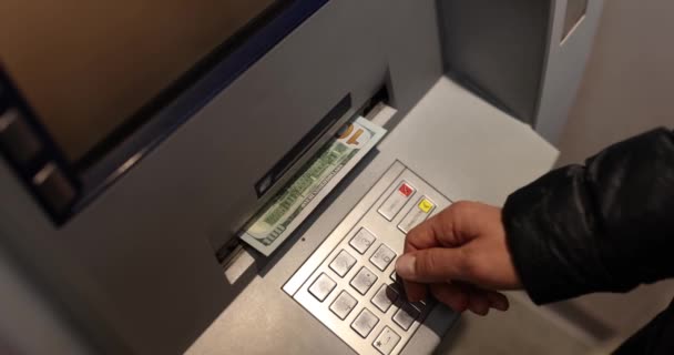 Man Receives Dollar Money Atm Banking Services — стоковое видео