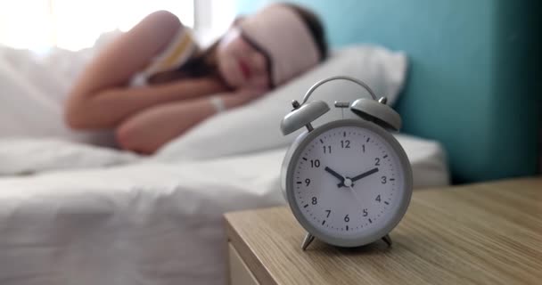 Woman Teenager Sleeps Bed Eye Mask Oclock Alarm Clock Morning — Stock Video