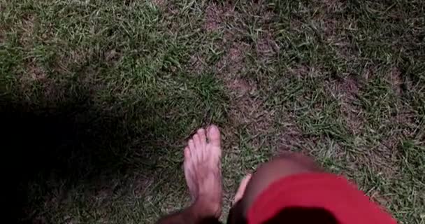 男の足緑の夏の草の上を歩く 夏の時間と草の上を裸足で歩く — ストック動画