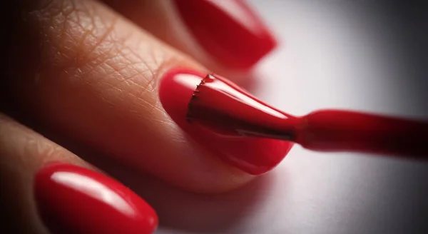 Manicurist Paints Nails Red Gel Polish Application Nail Polish Manicured Stok Lukisan  