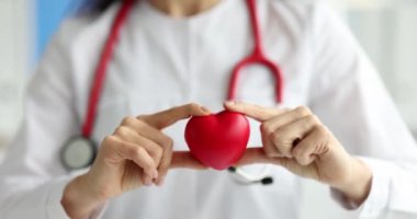 Doktor kardiyolog klinikte kırmızı oyuncak kalbi tutuyor. 4K film yavaş çekimde. Bağış konsepti